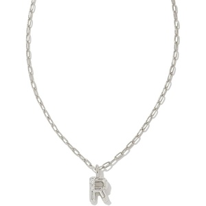 Kendra Scott Crystal Letter Short Pendant Necklace, Fashion Jewelry for Women(Letter R (RHODIUM-PLATED))